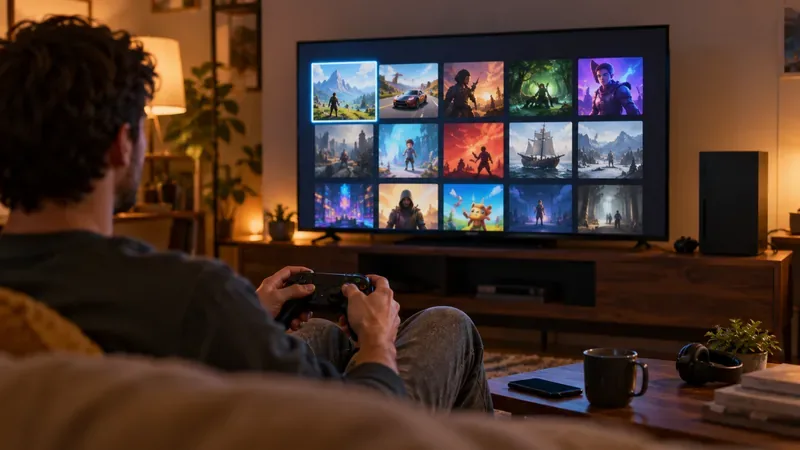 ผู้เล่นกำลังเลื่อนดูภาพประกอบเกมสีสันสดใสบนตารางทั่วไปบนหน้าจอโทรทัศน์ ขณะที่ถือจอยควบคุมอยู่