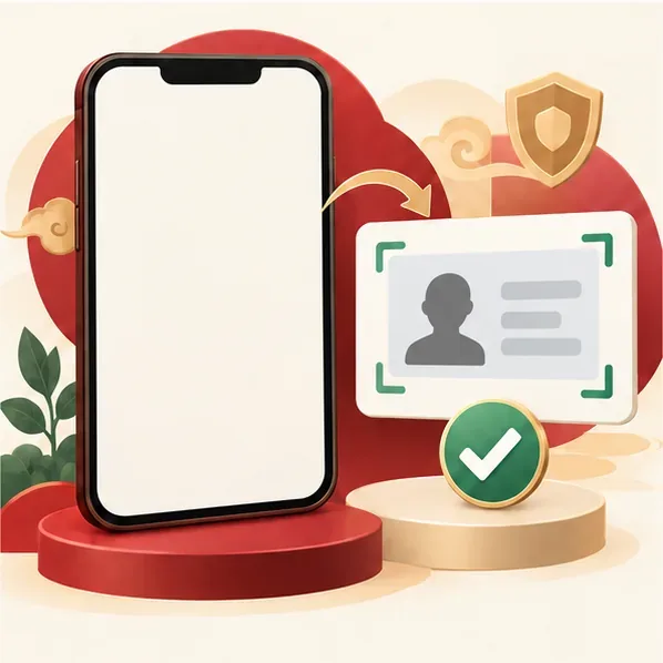 Um telefone em branco ao lado da silhueta de um documento de identidade e um símbolo de verificação representam a confirmação de nome verdadeiro.