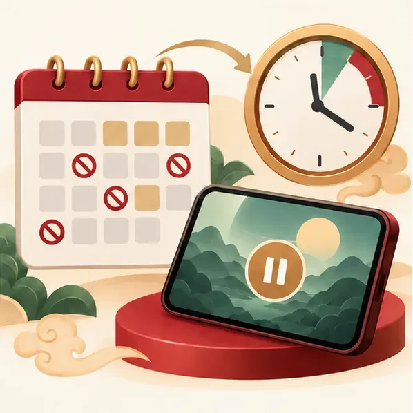 Um calendário, um relógio e um telefone em pausa ilustram períodos de tempo restritos para menores de idade.