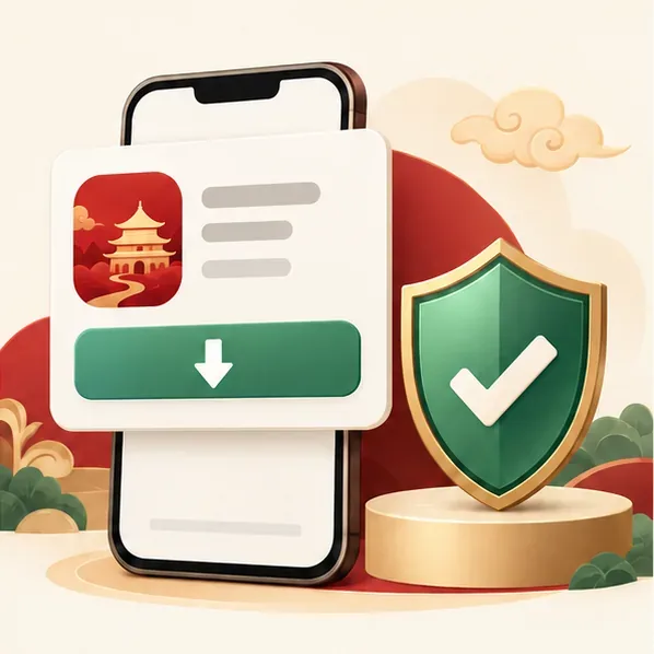Um cartão genérico de aplicativo de celular e um escudo simbolizam a verificação de uma fonte oficial de download de jogos.