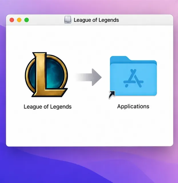League of Legends app icon and Applications folder in a macOS disk image installation window