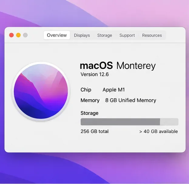 Mac system overview showing macOS Monterey 12.6, an Apple M1 chip, 8 GB unified memory, and more than 40 GB available
