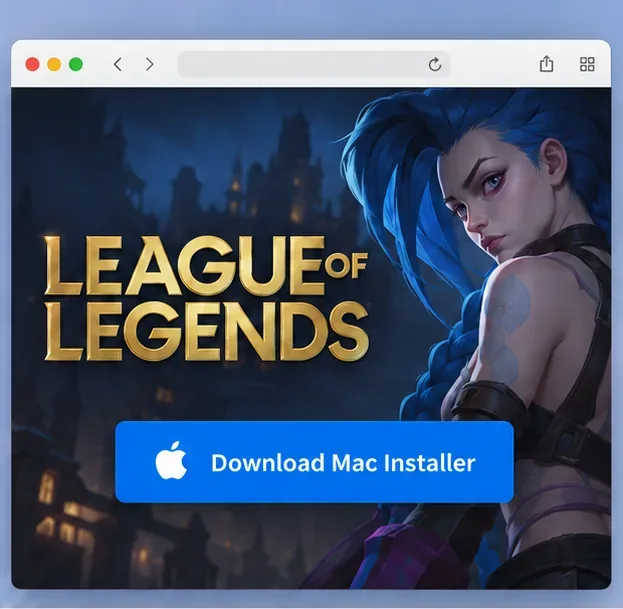 League of Legends download page with a prominent Mac installer button