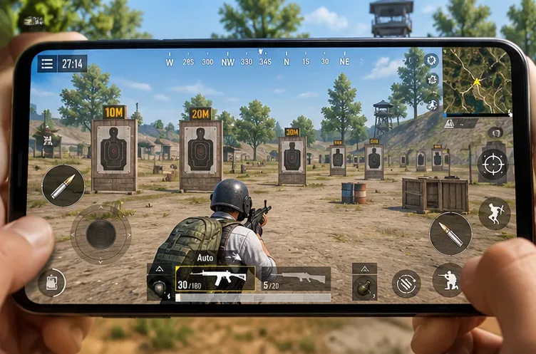 Campo de treinamento para PUBG Mobile com alvos e controles de tiro por tela sensível ao toque.