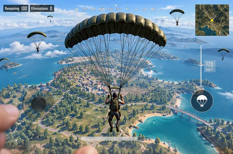 Personagem do PUBG Mobile saltando de paraquedas em direção a uma grande ilha no mapa do battle royale.