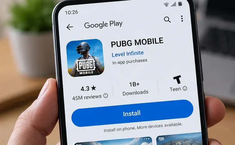 O jogo PUBG Mobile aparece listado na Google Play Store com o botão "Instalar" e o aviso de compra no aplicativo.