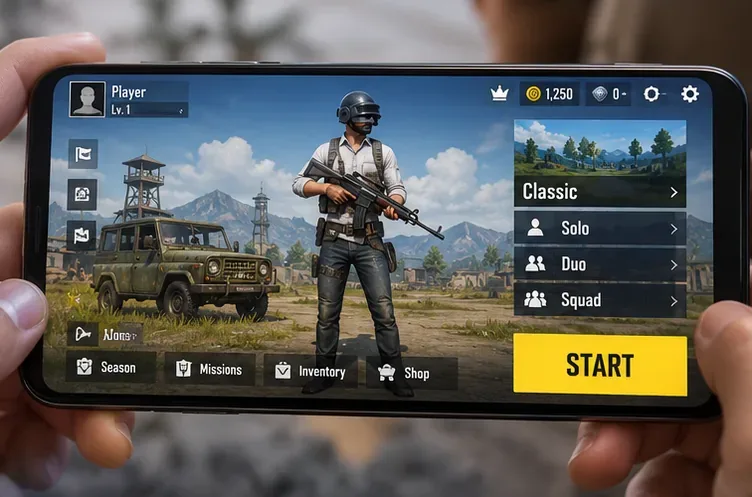 Lobby do jogo PUBG Mobile mostrando o modo Clássico, opções de equipe e o botão Iniciar.