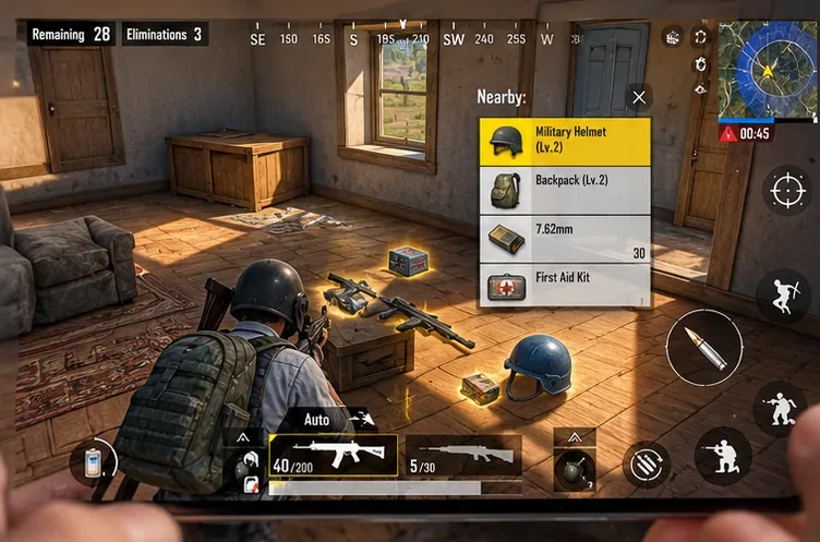 No PUBG Mobile, o personagem examina capacete, mochila, munição e suprimentos de saúde.