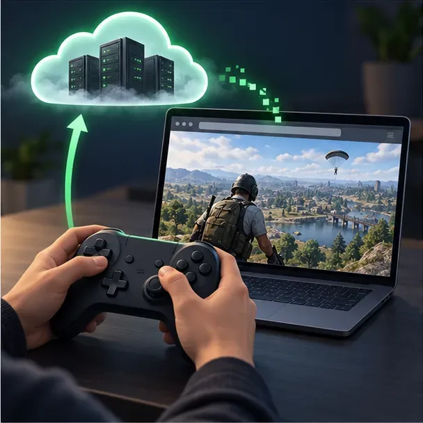 Um controle de videogame conectado a um laptop que transmite um jogo battle royale de um servidor na nuvem.