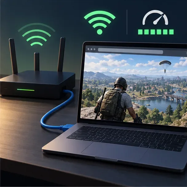 Um laptop transmitindo jogos ao vivo ao lado de um roteador, cabo Ethernet, sinal Wi-Fi e indicador de conexão estável.