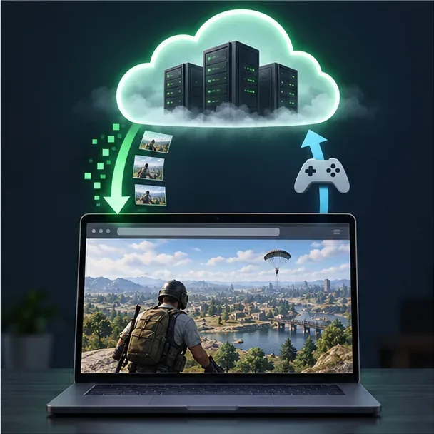 Diagrama de streaming na nuvem mostrando um servidor remoto enviando o jogo PUBG para o navegador de um laptop, enquanto os comandos do controle são transmitidos de volta.
