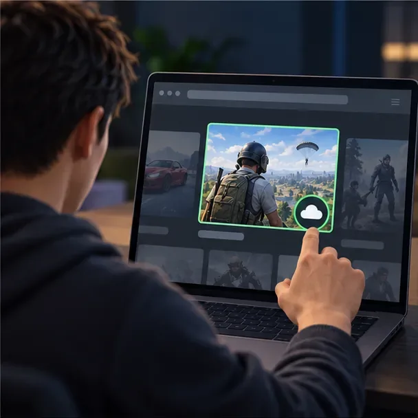 Um jogador verifica o símbolo de jogo na nuvem ao lado do ícone do jogo PUBG em uma janela do navegador.