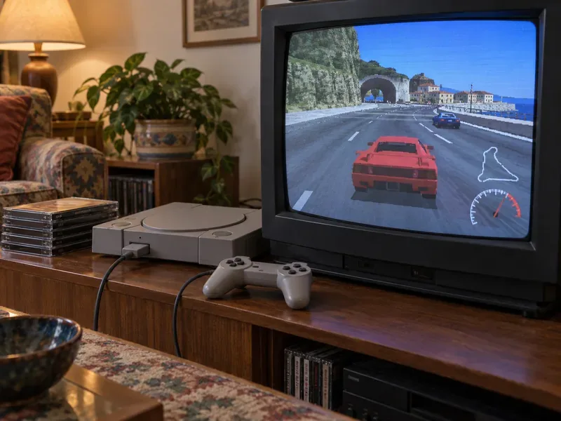 A gray CD-based game console and wired controller sit beside a CRT showing a low-polygon 3D racing game.