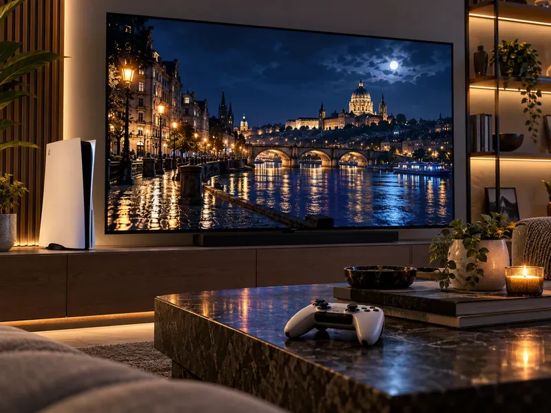 A white modern game console and controller sit beside a television showing a reflective nighttime city scene.