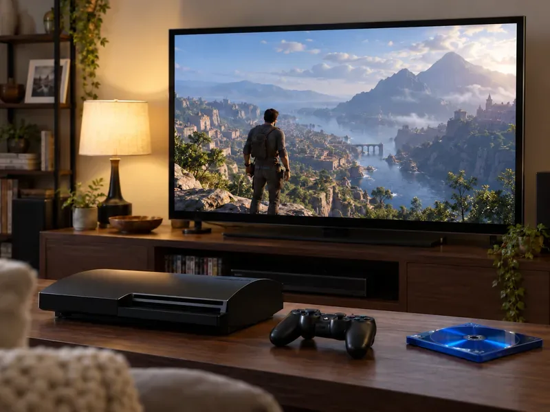 A black optical-disc game console and controller sit beneath an HDTV showing a detailed mountain landscape, with a blue disc on the cabinet.