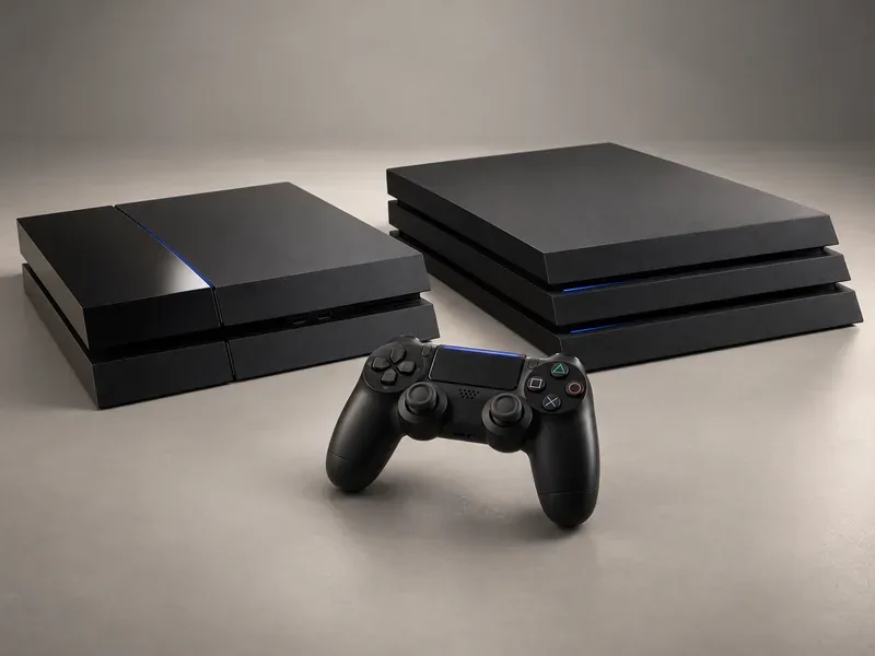 O PS4 preto original de dois níveis ao lado do PS4 Pro mais robusto de três níveis, com um controle DualShock 4 na frente.