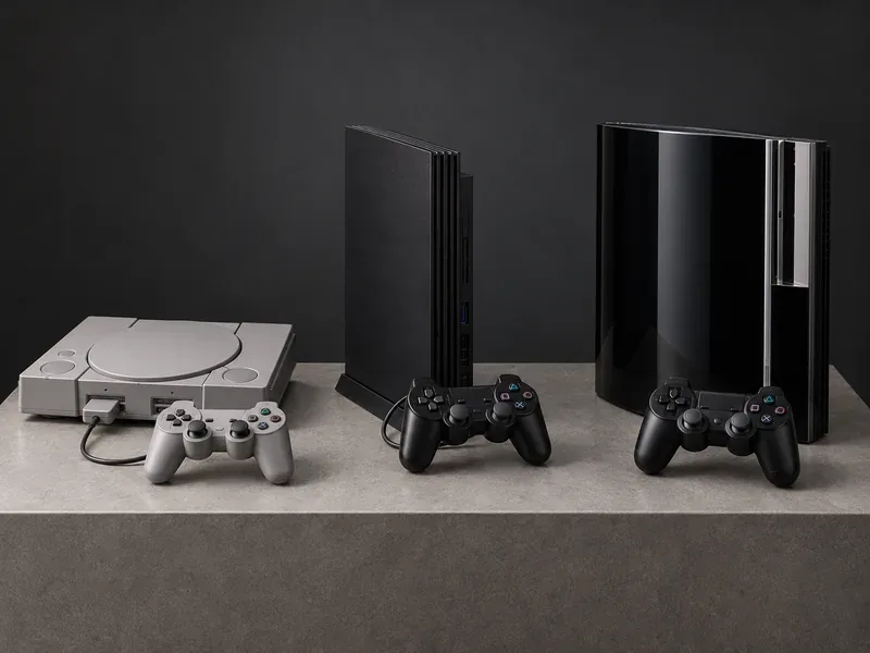Um PlayStation cinza com disco ao lado do PS2 preto e alto e do PS3 preto brilhante em uma superfície de exibição.
