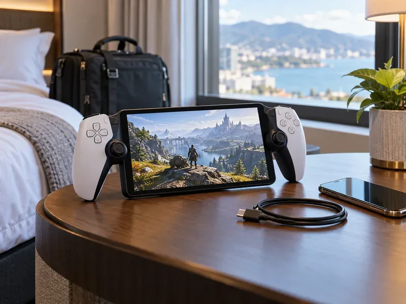 เครื่องเล่นเกม PlayStation Portal วางอยู่บนโต๊ะข้างเตียงในห้องพักโรงแรม เคียงข้างโทรศัพท์ สายชาร์จ และกระเป๋าเดินทาง