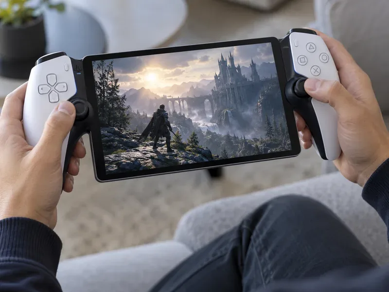 ภาพระยะใกล้ของมือที่กำลังถือเครื่อง PlayStation Portal โดยมองเห็นหน้าจอ คันบังคับอนาล็อก ปุ่มควบคุมทิศทาง และปุ่มต่างๆ บนตัวเครื่อง