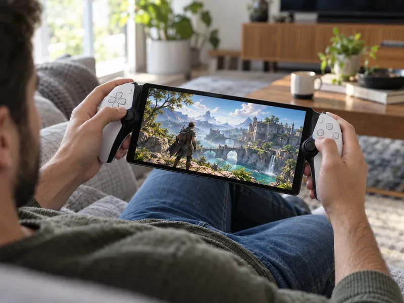 ผู้เล่นคนหนึ่งนั่งอยู่บนโซฟาถือรีโมทเกม PlayStation Portal สีขาว ขณะที่เกมแฟนตาซีเกมหนึ่งกำลังเล่นอยู่บนหน้าจอ