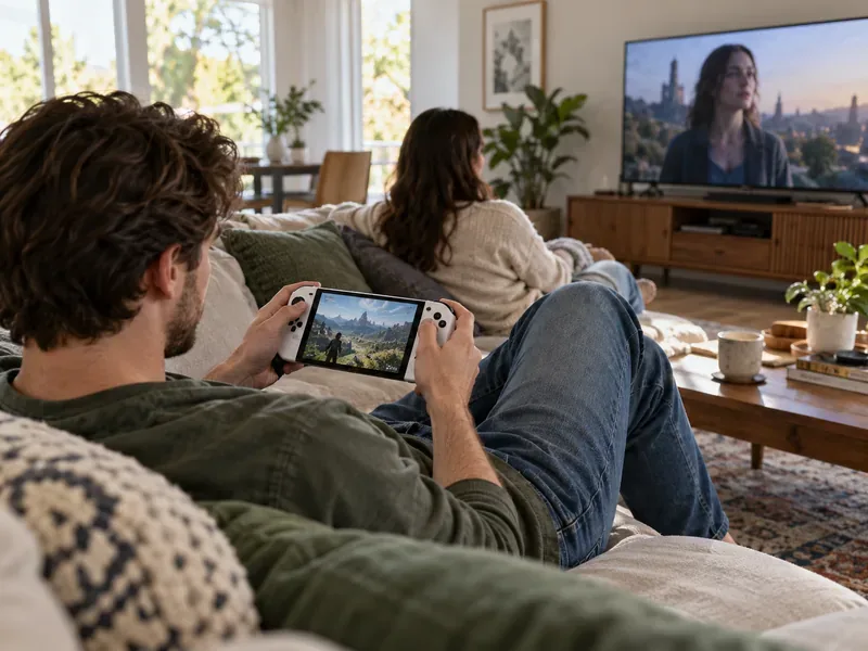 A person plays on a white handheld remote-play device while another person watches television in the same living room.