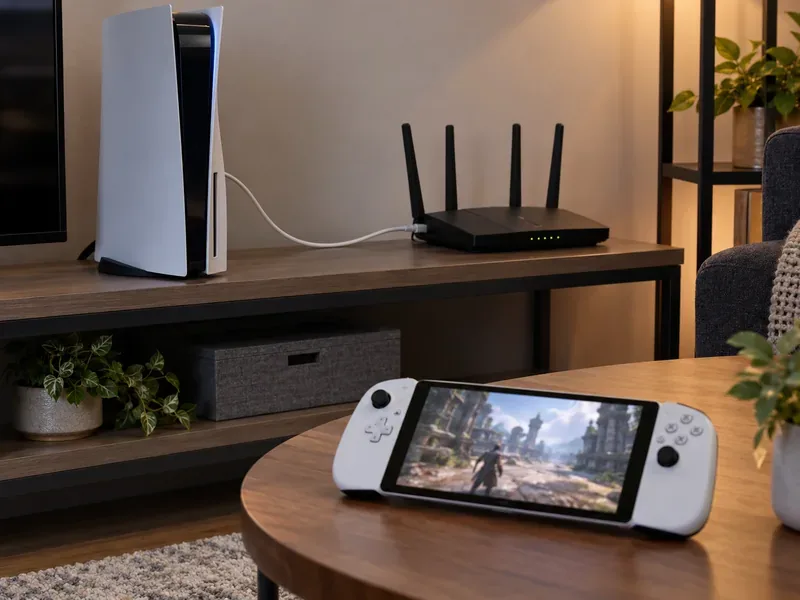 A white handheld remote-play device sits near a PS5-style console connected by Ethernet to a Wi-Fi router.