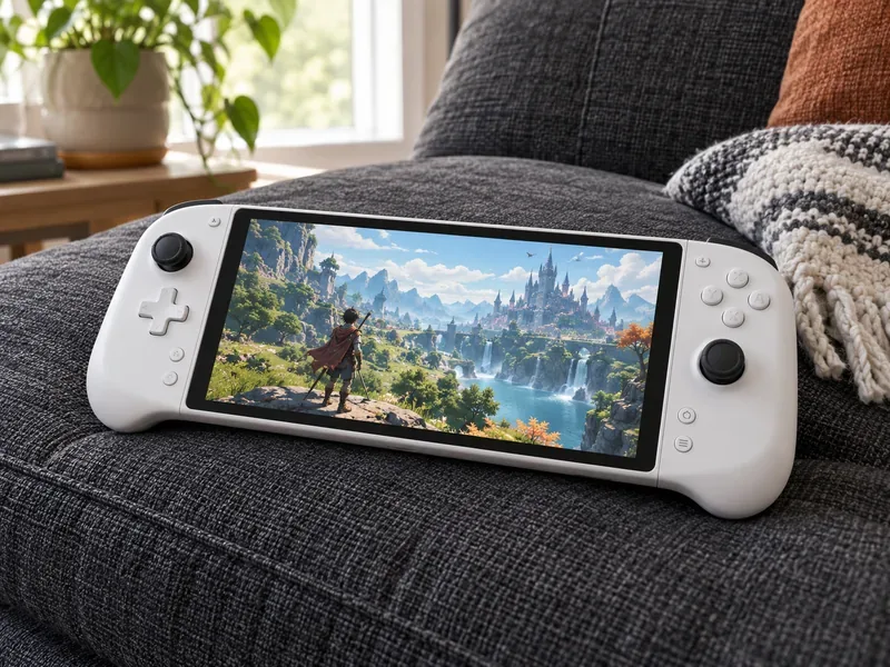 A white handheld remote-play device rests on a gray sofa with a generic scenic game displayed on its screen.