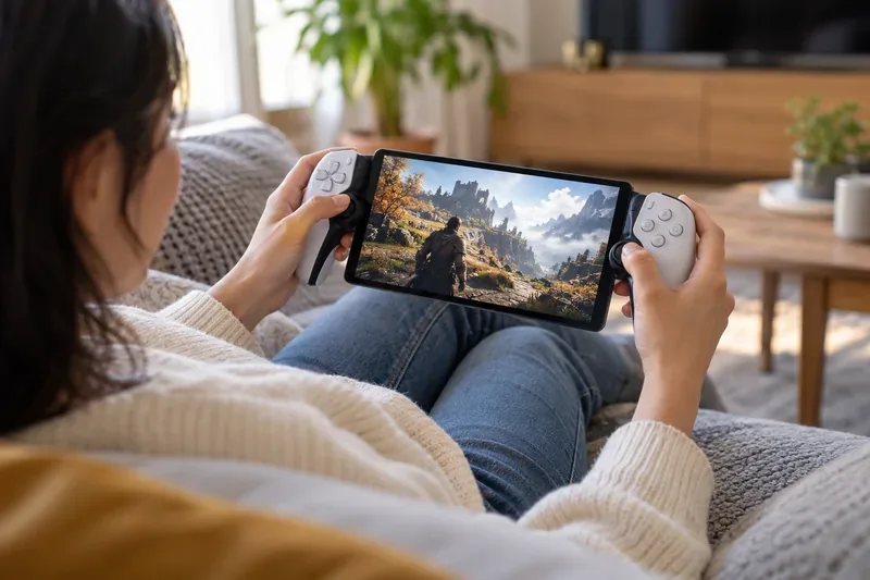 A player holds a white PlayStation Portal-style handheld with its screen between controller grips while sitting on a living-room couch.