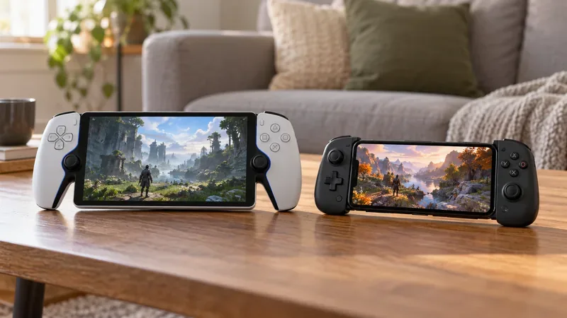 A white dedicated handheld remote player and a smartphone fitted into a controller grip sit side by side on a living-room coffee table.