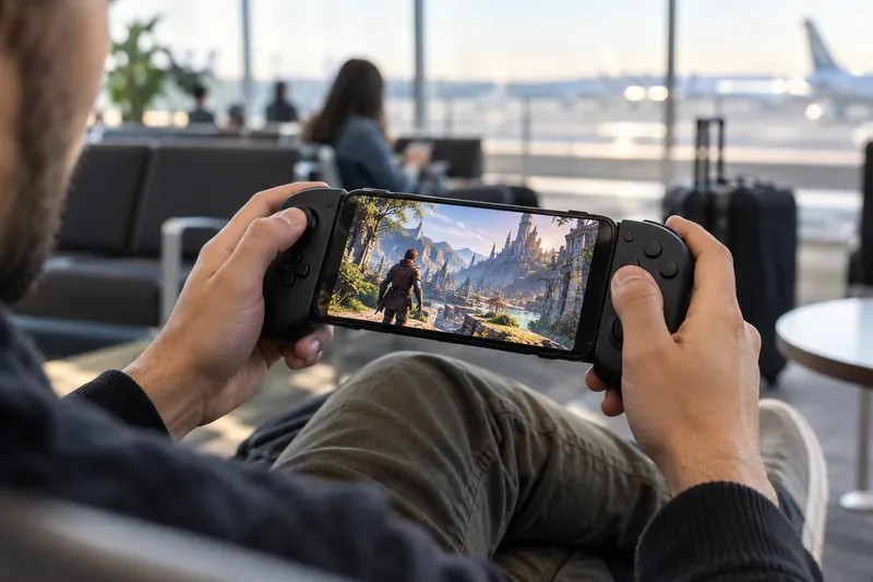 A traveler holds a smartphone in landscape orientation inside a controller grip in an airport lounge, with an indistinct game scene on screen.