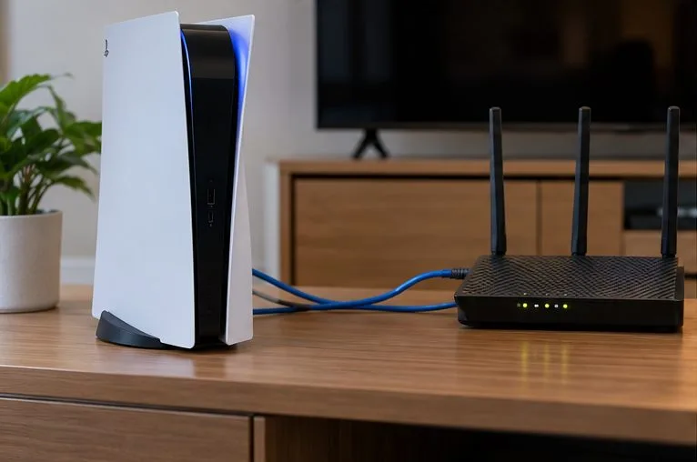 เครื่องเล่นเกม PS5 วางอยู่ข้างเราเตอร์ Wi-Fi โดยมีสายอีเธอร์เน็ตสีน้ำเงินเชื่อมต่ออยู่