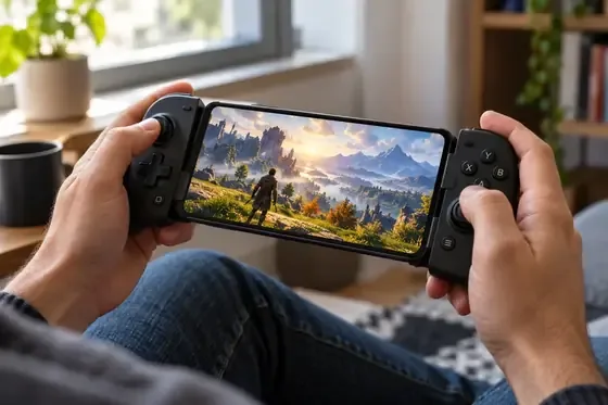 A smartphone in a controller grip displays a colorful game while a player uses the handheld app setup