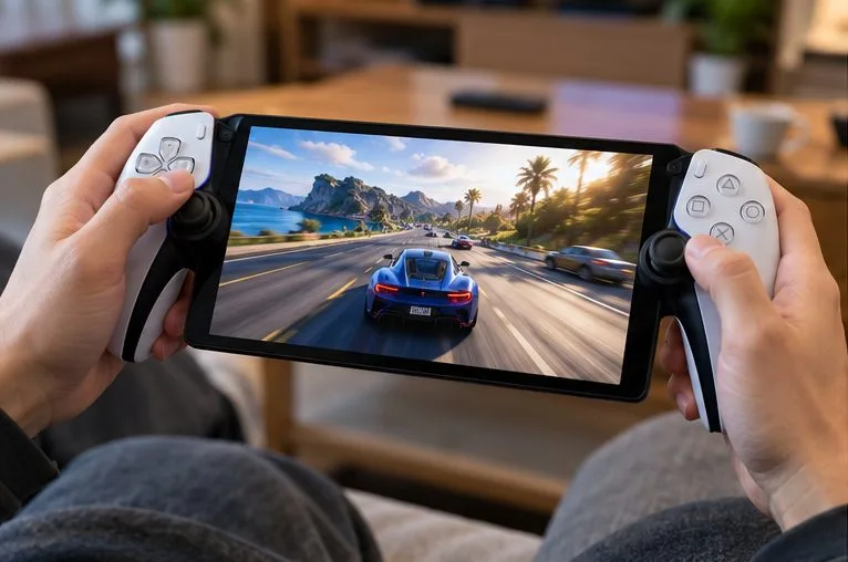 มือถือเครื่องเล่นเกมพกพาแบบ PlayStation Portal ที่มีเกมแข่งรถอยู่บนหน้าจอขนาดใหญ่