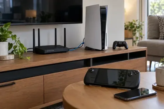 A home console is connected to a Wi-Fi router by Ethernet, with handheld and smartphone devices nearby