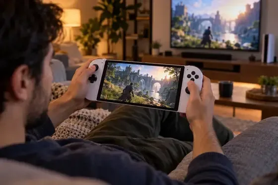 A player holds a handheld remote-play device on a sofa while a console and television sit in the background