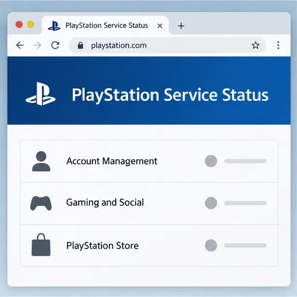 Un ecran simplificat de stare a rețelei PlayStation, cu rânduri pentru Gestionare cont, Jocuri și socializare și servicii PlayStation Store.