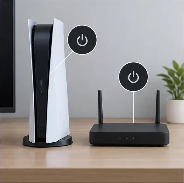 O consolă PS5 și un router de acasă cu simboluri de alimentare, ilustrând o repornire în siguranță a ambelor dispozitive.
