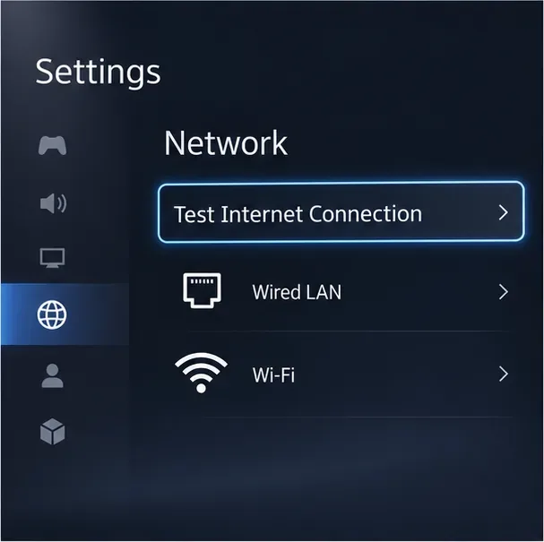 Setările de rețea PS5 evidențiază Testare conexiune internet, cu opțiuni LAN cu fir și Wi-Fi.