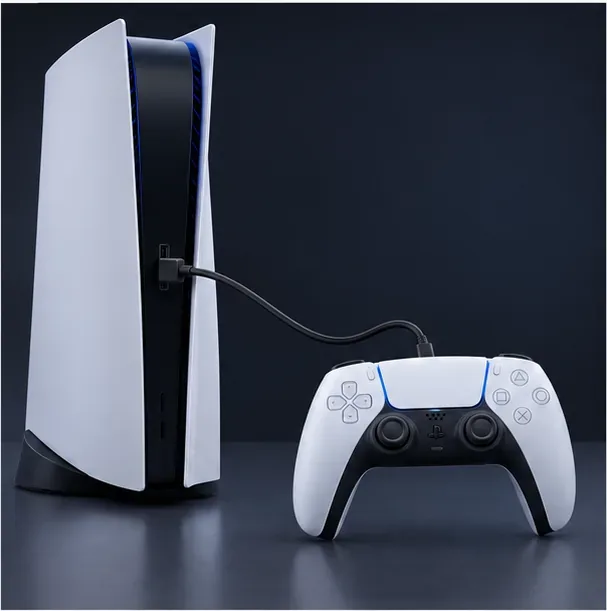O consolă PS5 conectată printr-un cablu USB la un controller DualSense, ilustrând intrarea în modul Safe Mode.