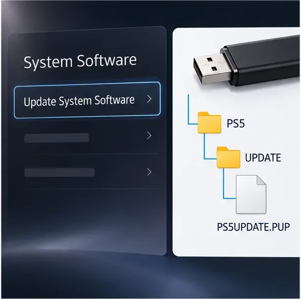 Un meniu de actualizare a software-ului sistemului PlayStation lângă folderele USB PS5 numite PS5, UPDATE și PS5UPDATE.PUP.