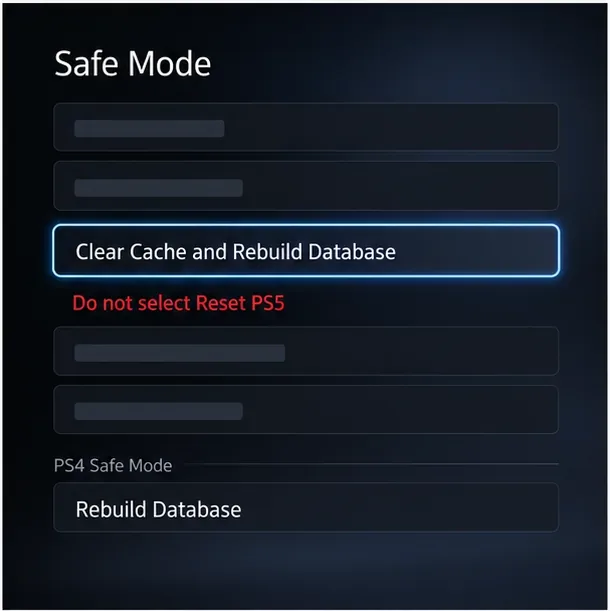 Un meniu ilustrativ Safe Mode care evidențiază Ștergerea memoriei cache și Reconstruirea bazei de date, cu un avertisment despre Resetarea PS5.