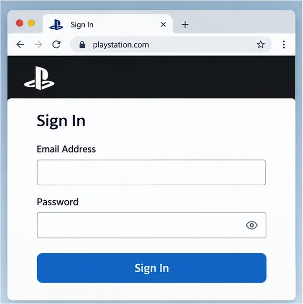 O pagină de conectare pentru Gestionarea contului PlayStation cu câmpuri goale pentru e-mail și parolă într-un browser.