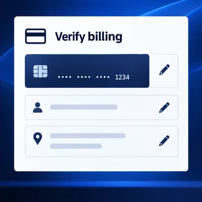 Illustrative payment settings form with a masked card and billing fields to review