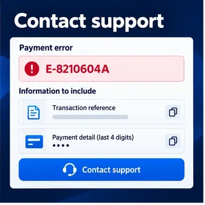 Illustrative support panel showing payment error E-8210604A and transaction details to provide