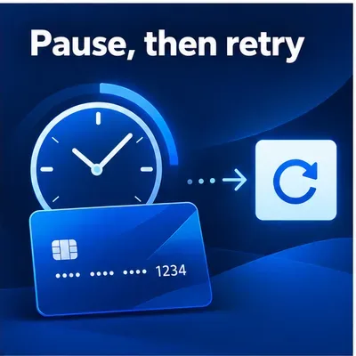Illustrative clock and payment card representing a pause before a safe retry