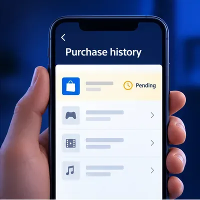Illustrative purchase history screen with one PlayStation Store transaction marked pending