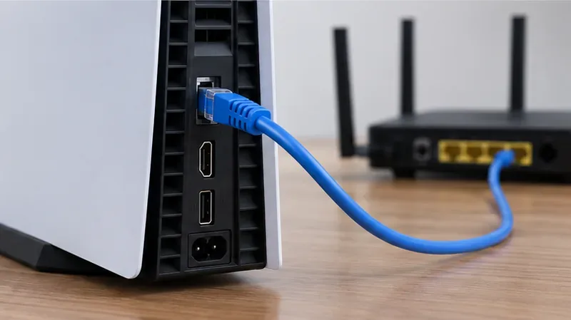 Ethernet cable connecting a PlayStation-style console to a home router