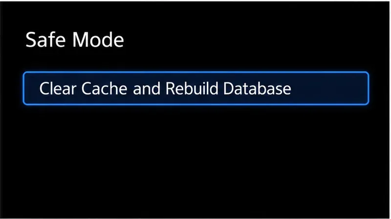 Illustrative PS5 Safe Mode screen with Clear Cache and Rebuild Database selected