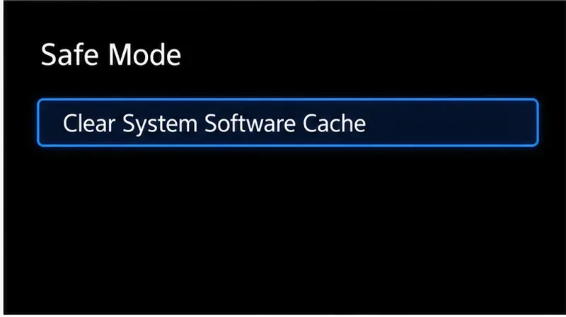 Illustrative PS5 Safe Mode submenu with Clear System Software Cache selected