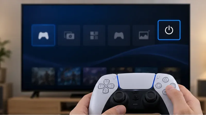 Controller highlighting the power icon on a console home screen before shutdown